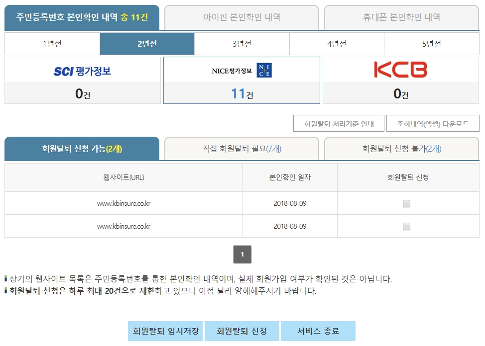 본인확인 내역 조회 결과를 확인할 수 있습니다. (주민등록번호,아이핀,휴대폰)