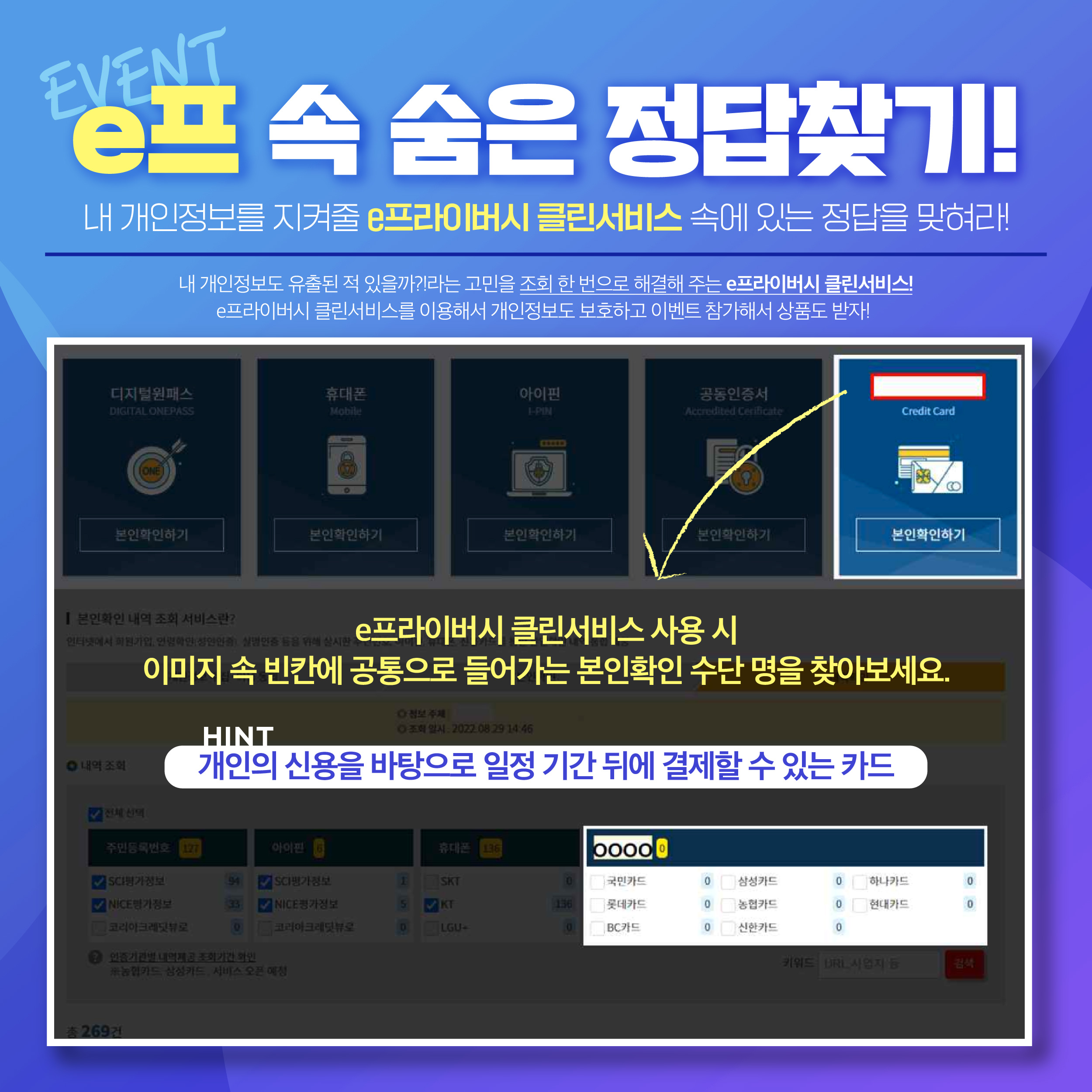 EVENT e프 속 숨은 정답찾기!
내개인정보를 지켜줄 e프라이버시클린서비스 속에 있는 정답을 맞혀라!
내 개인정보도 유출된 적 있을까?!라는 고민을 조회 한 번으로 해결해 주는 e프라이버시클린서비스!
e프라이버시 클린서비스를 이용해서 개인정보도 보호하고 이벤트 참가해서 상품도 받자!
e프라이버시 클린서비스 사용 시
이미지 속 빈칸에 공통으로 들어가는 본인확인 수단 명을 찾아보세요.
HINT
개인의 신용을 바탕으로 일정 기간 뒤에 결제할 수 있는 카드