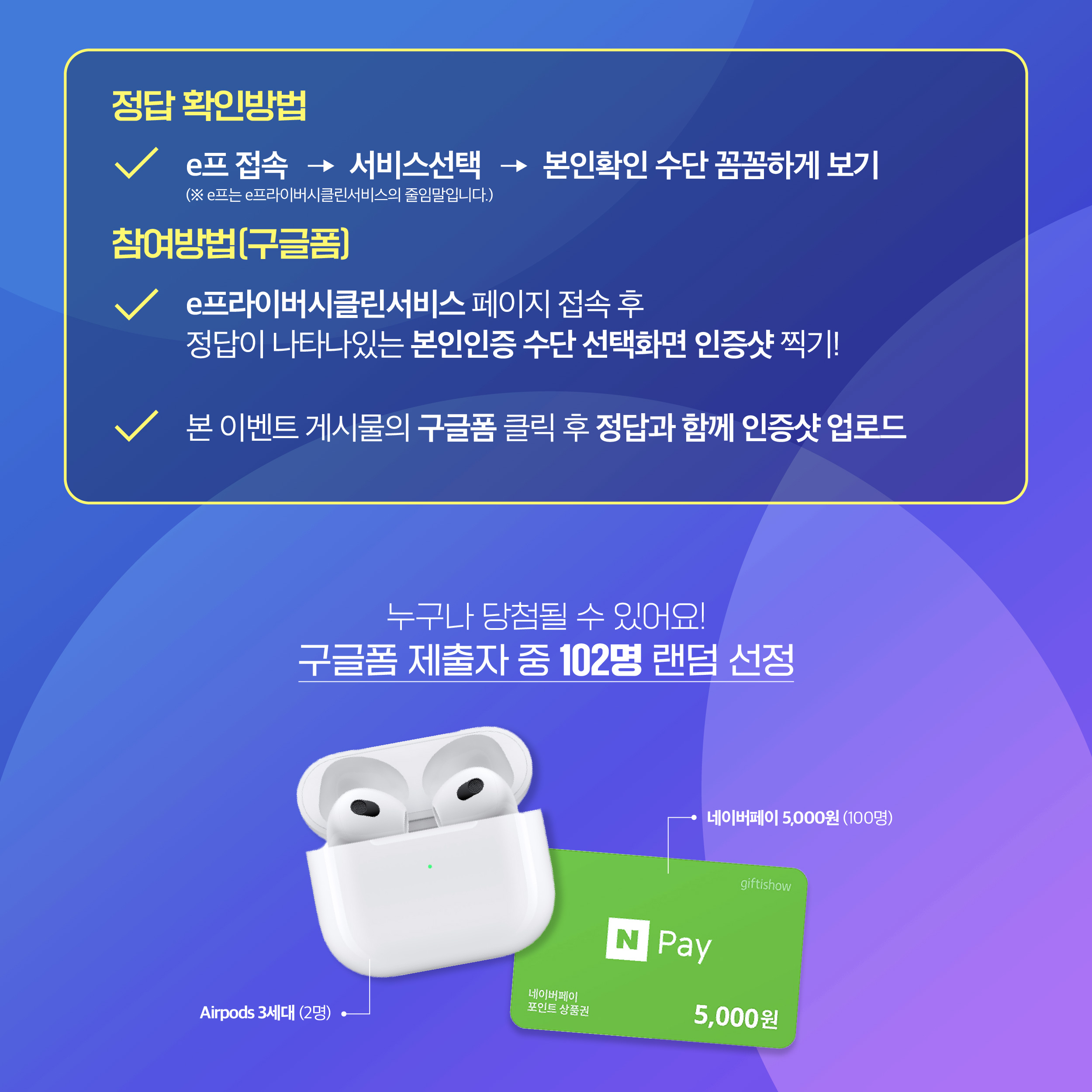 정답 확인방법
e프 접속 → 서비스선택 본인확인 → 수단 꼼꼼하게 보기
(※ e프는 e프라이버시클린서비스의 줄임말입니다.)
참여방법(구글 폼)
- e프라이버시클린서비스 페이지 접속 후
정답이 나타나있는 본인인증 수단 선택화면 인증샷 찍기!
√ 본 이벤트 게시물의 구글폼 클릭 후 정답과 함께 인증샷 업로드
누구나 당첨될 수 있어요!
구글폼 제출자 중 102명 랜덤 선정
Airpods3세대 (2명)
네이버페이
포인트 상품권
네이버페이 5,000원 (100명)
N Pay
giftishow